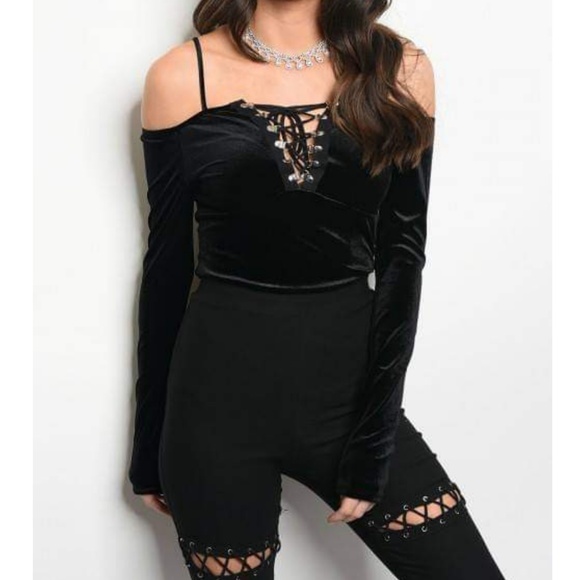 Black Lace Up Velvet Bodysuit - Picture 2 of 4